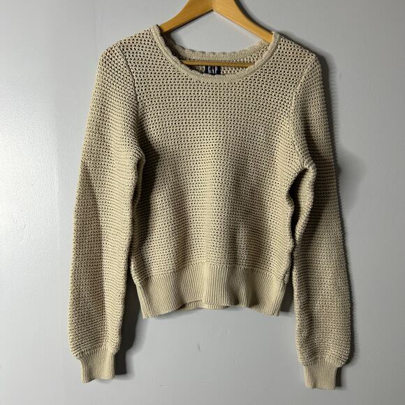 Gap Cream Crochet‎ Crewneck Sweater Open Knit Fisherman Womens Medium Neutral - Picture 2 of 7